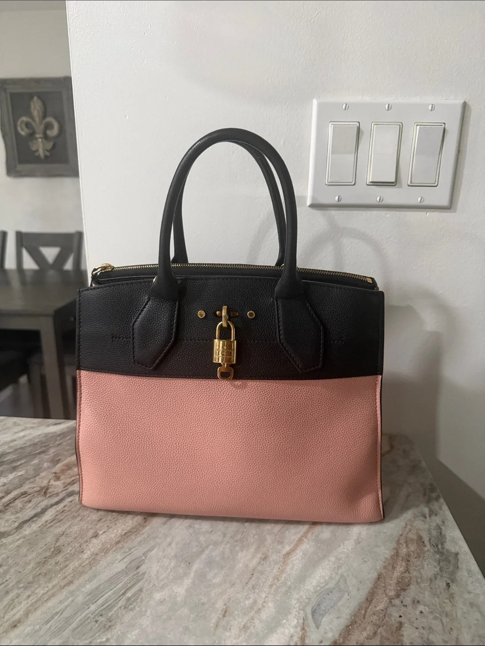 Louis Vuitton Black and Blush Two-Tone Satchel with Gold Hardware